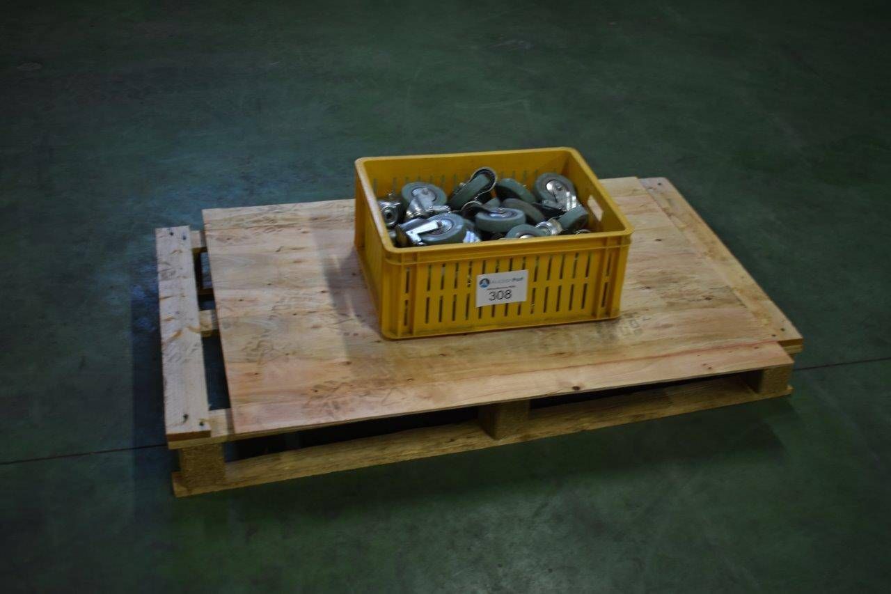 Filled storage bin with wheels